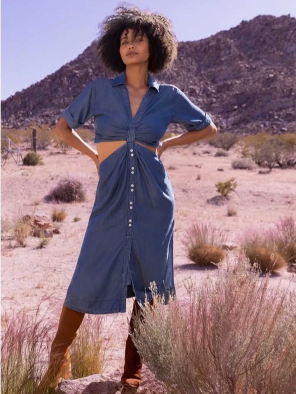 Travis Mathew Old Havana Cutout Button-Up Midi Dress - Blue Denim